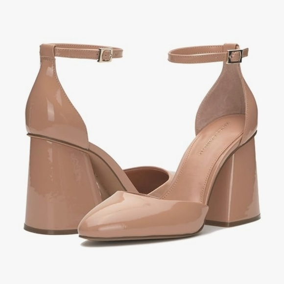 Vince Camuto Shoes - Vince Camuto Womens Addilenz Block Heel Ankle Pump Nude Tan Patent Leather Sz 9